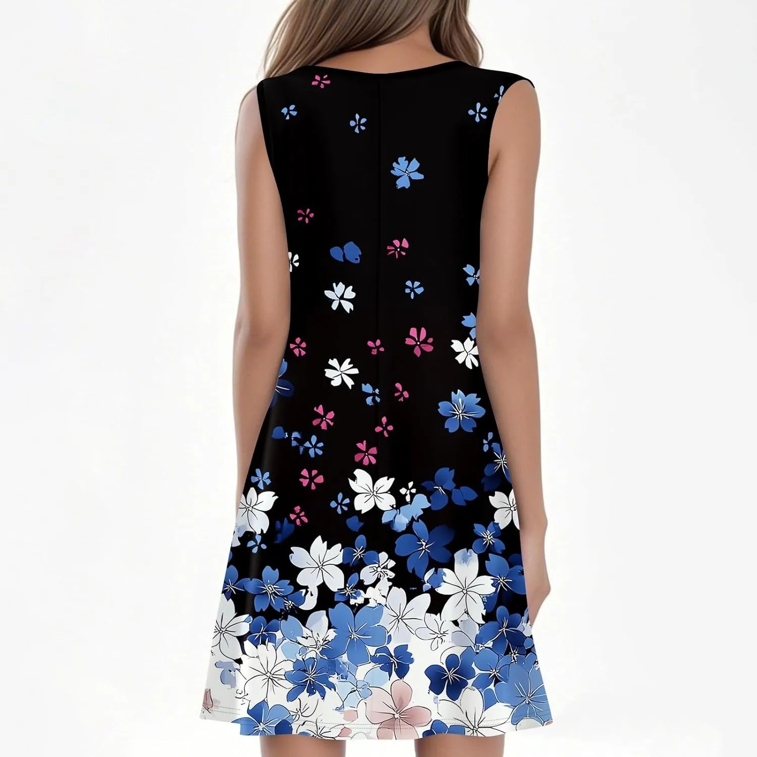 Summer Dresses for Women 2025 Floral Loose Pleated Front Tank Dress O Neck Casual T Shirt Dresses Sleeveless Sundresses