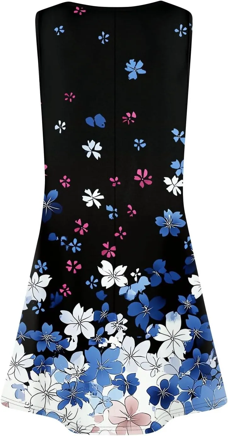 Summer Dresses for Women 2025 Floral Loose Pleated Front Tank Dress O Neck Casual T Shirt Dresses Sleeveless Sundresses
