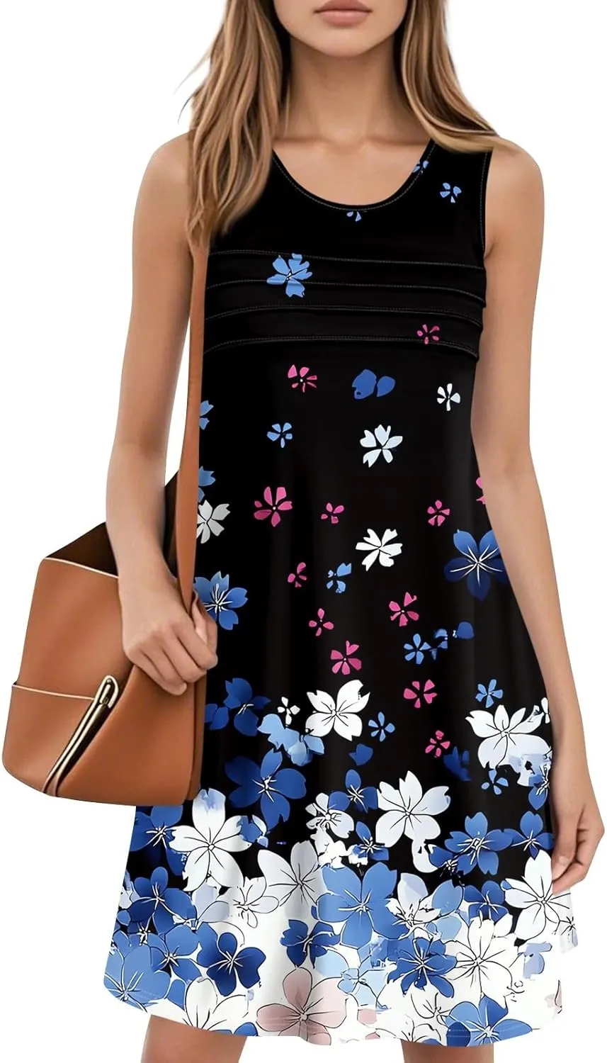 Summer Dresses for Women 2025 Floral Loose Pleated Front Tank Dress O Neck Casual T Shirt Dresses Sleeveless Sundresses