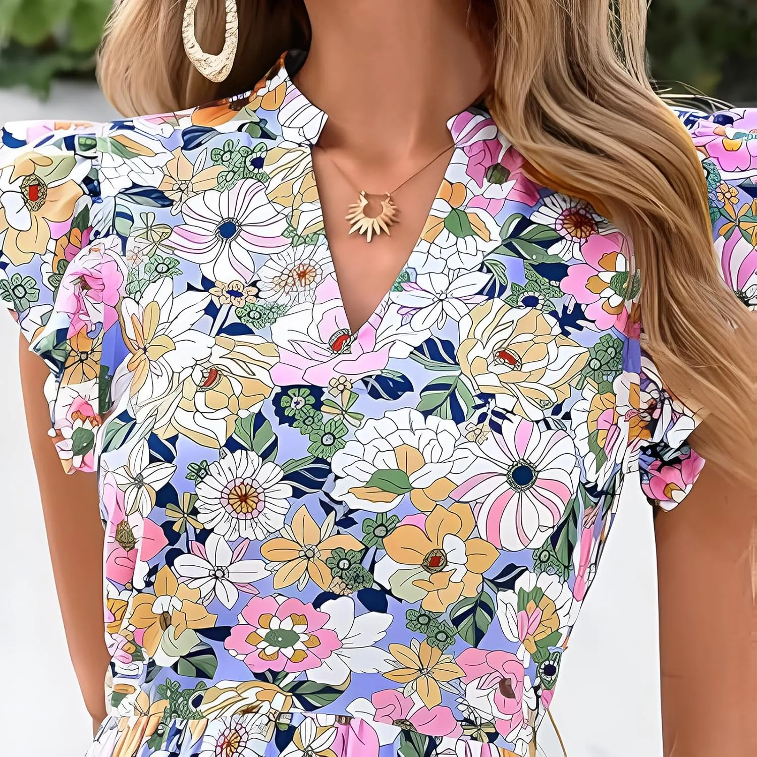 Summer Dresses for Women 2025 Floral Maxi Dress Cap Sleeve V Neck Ruffle Flowy Dresses Boho Beach Vacation Sundress