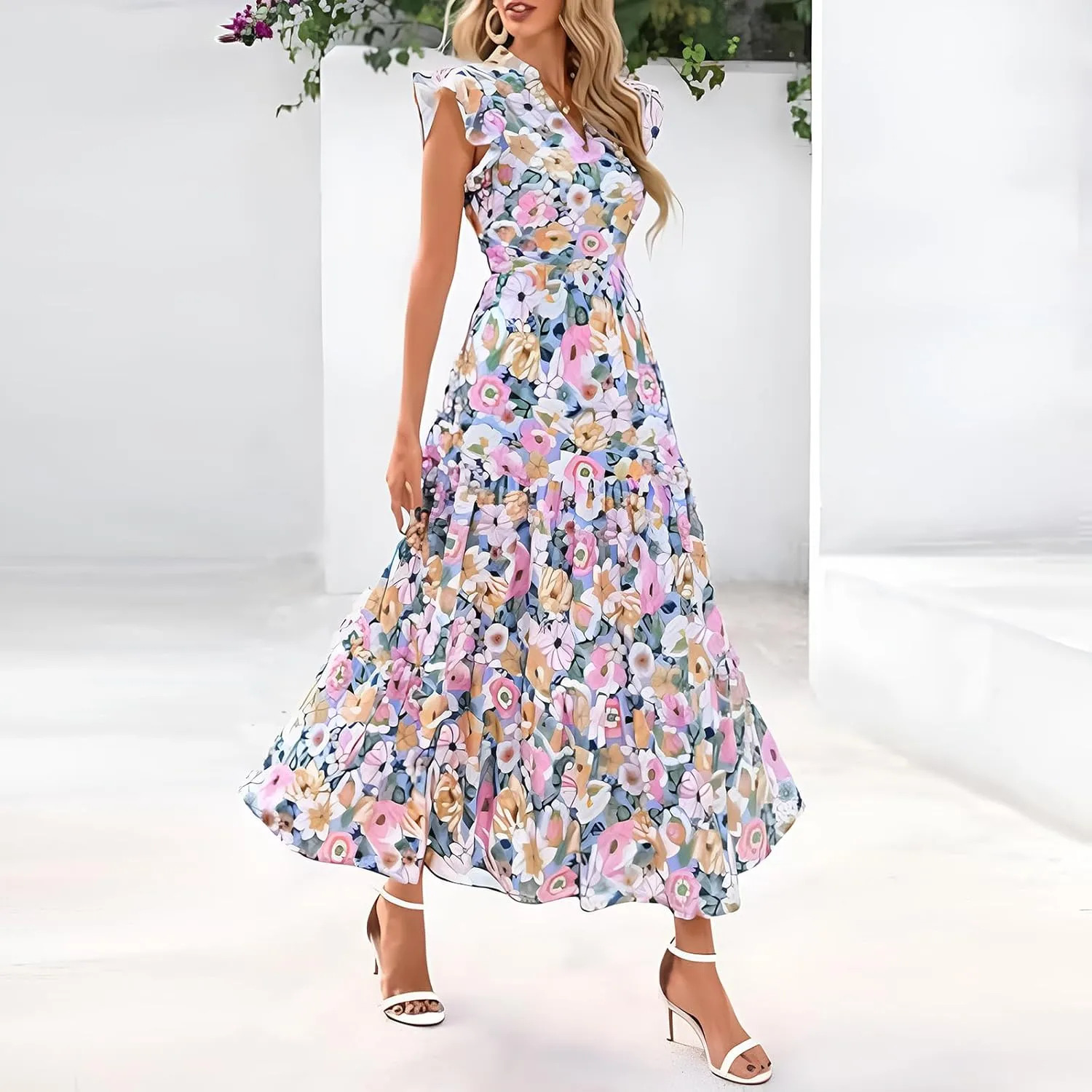Summer Dresses for Women 2025 Floral Maxi Dress Cap Sleeve V Neck Ruffle Flowy Dresses Boho Beach Vacation Sundress