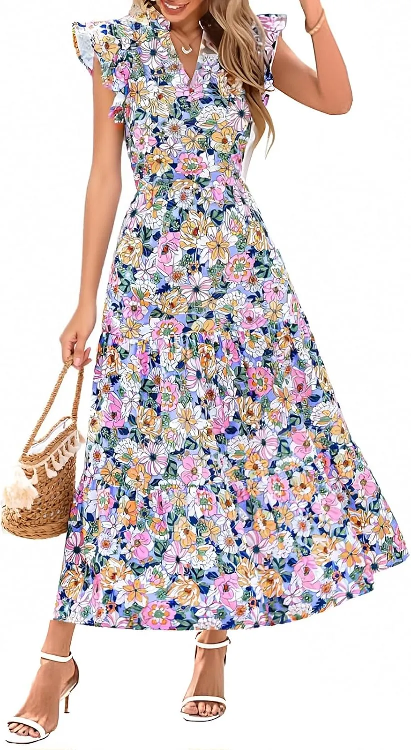 Summer Dresses for Women 2025 Floral Maxi Dress Cap Sleeve V Neck Ruffle Flowy Dresses Boho Beach Vacation Sundress