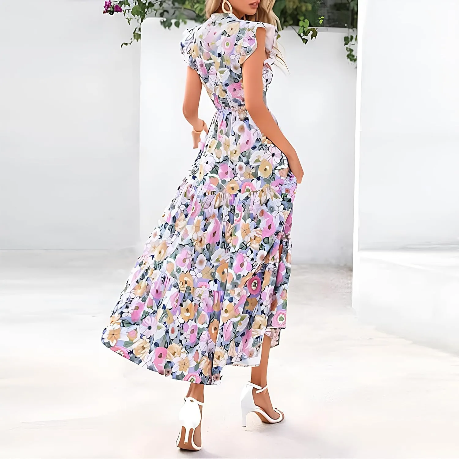 Summer Dresses for Women 2025 Floral Maxi Dress Cap Sleeve V Neck Ruffle Flowy Dresses Boho Beach Vacation Sundress