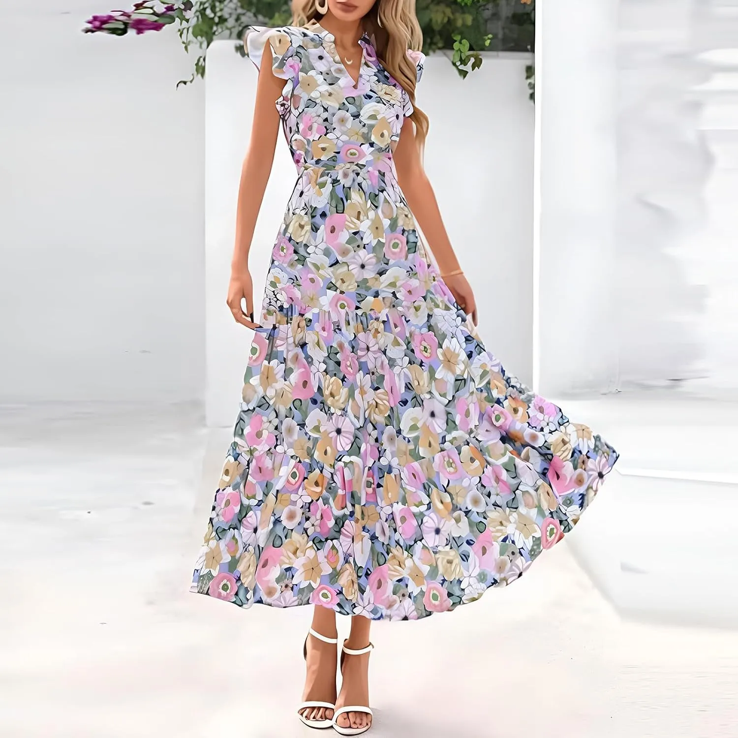 Summer Dresses for Women 2025 Floral Maxi Dress Cap Sleeve V Neck Ruffle Flowy Dresses Boho Beach Vacation Sundress