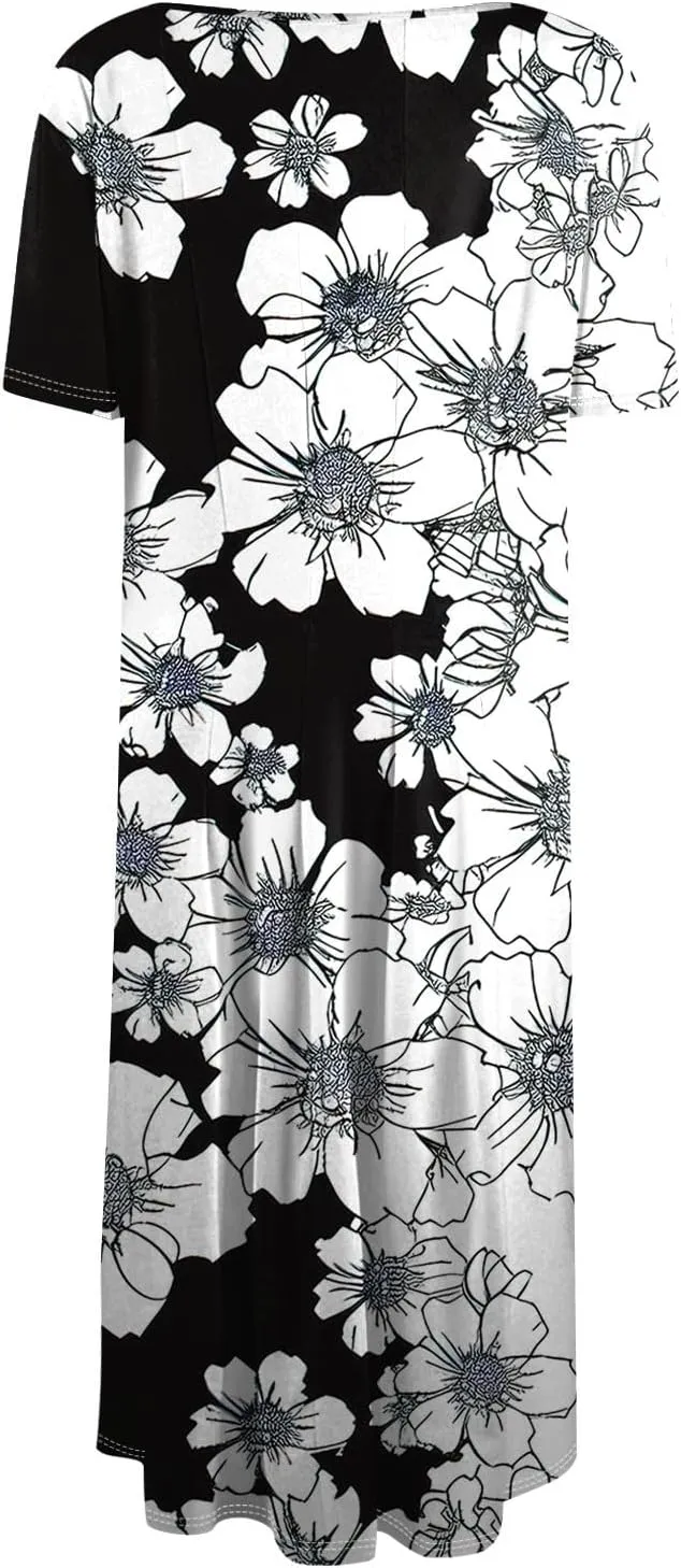 Summer Dresses for Women 2025 Midi Short Sleeve Round Neck Floral Elegant Pleated with Side Pocket A Line Sundresses