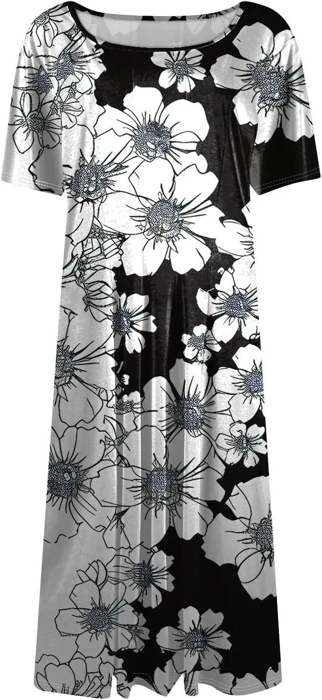 Summer Dresses for Women 2025 Midi Short Sleeve Round Neck Floral Elegant Pleated with Side Pocket A Line Sundresses