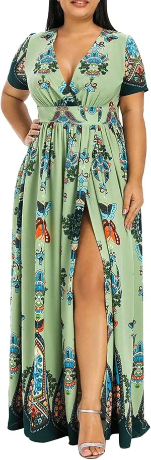 Summer Dresses for Women 2025 Plus Size Wedding Guest Dress Casual Print Boho High Low V-Neck Maxi Beach Dress