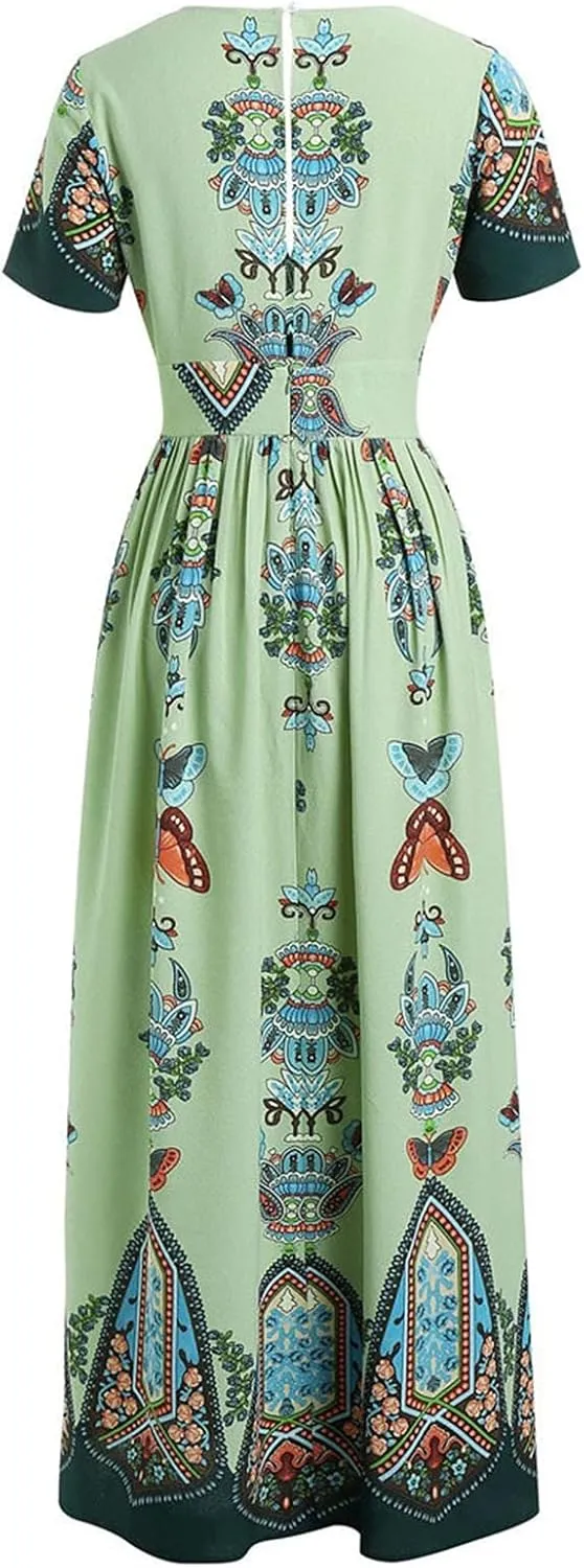Summer Dresses for Women 2025 Plus Size Wedding Guest Dress Casual Print Boho High Low V-Neck Maxi Beach Dress