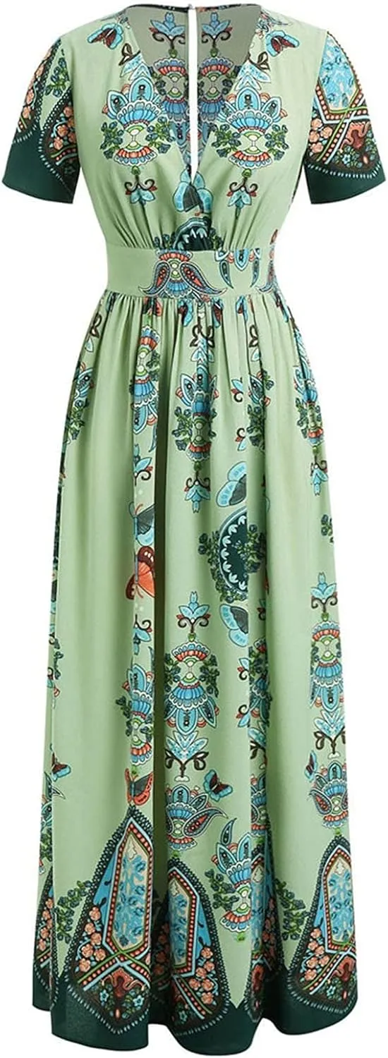 Summer Dresses for Women 2025 Plus Size Wedding Guest Dress Casual Print Boho High Low V-Neck Maxi Beach Dress