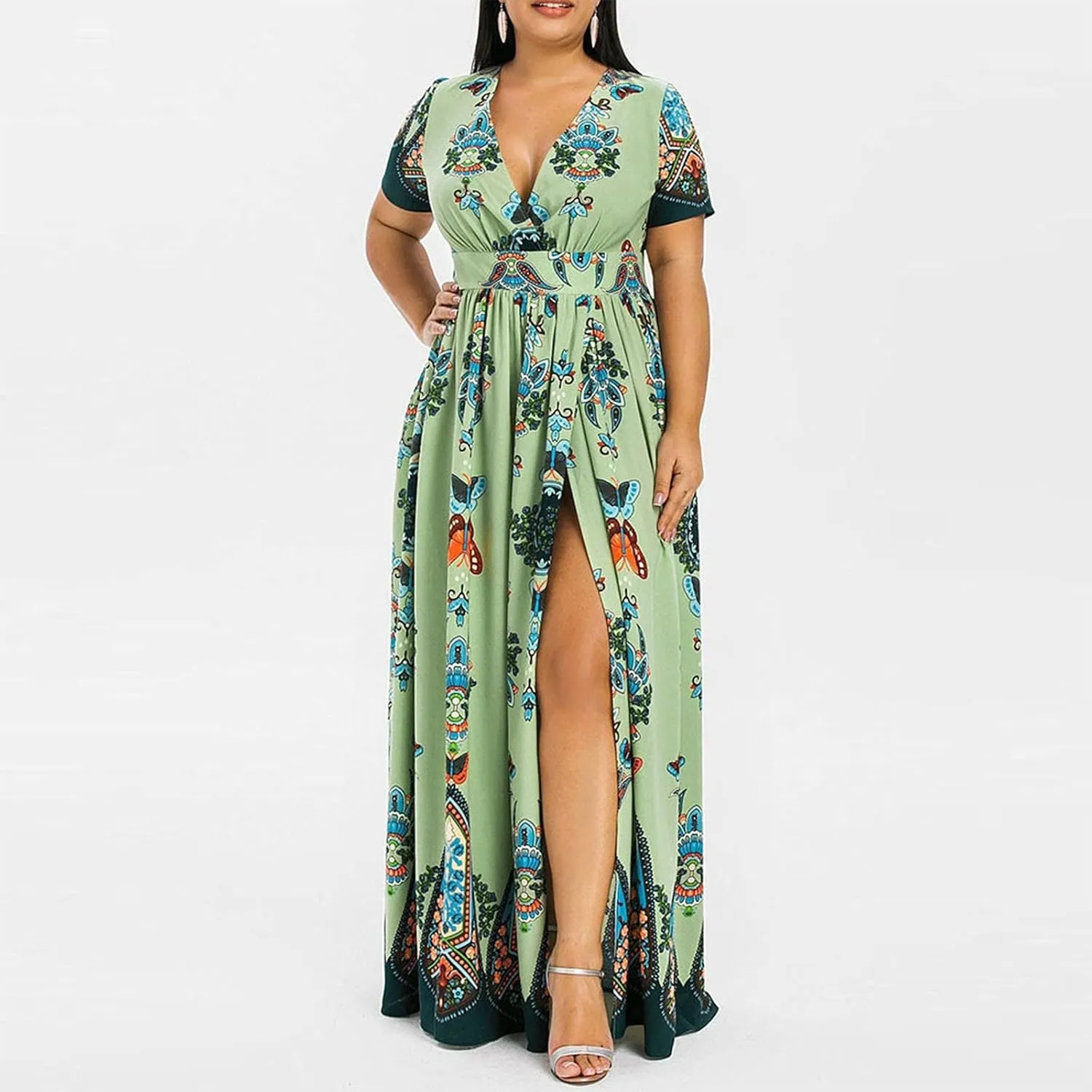 Summer Dresses for Women 2025 Plus Size Wedding Guest Dress Casual Print Boho High Low V-Neck Maxi Beach Dress