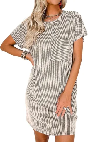 Summer Dresses for Women 2025 Short Sleeve Crew Neck Textured Mini Dress with Pocket Casual Beach Sundress