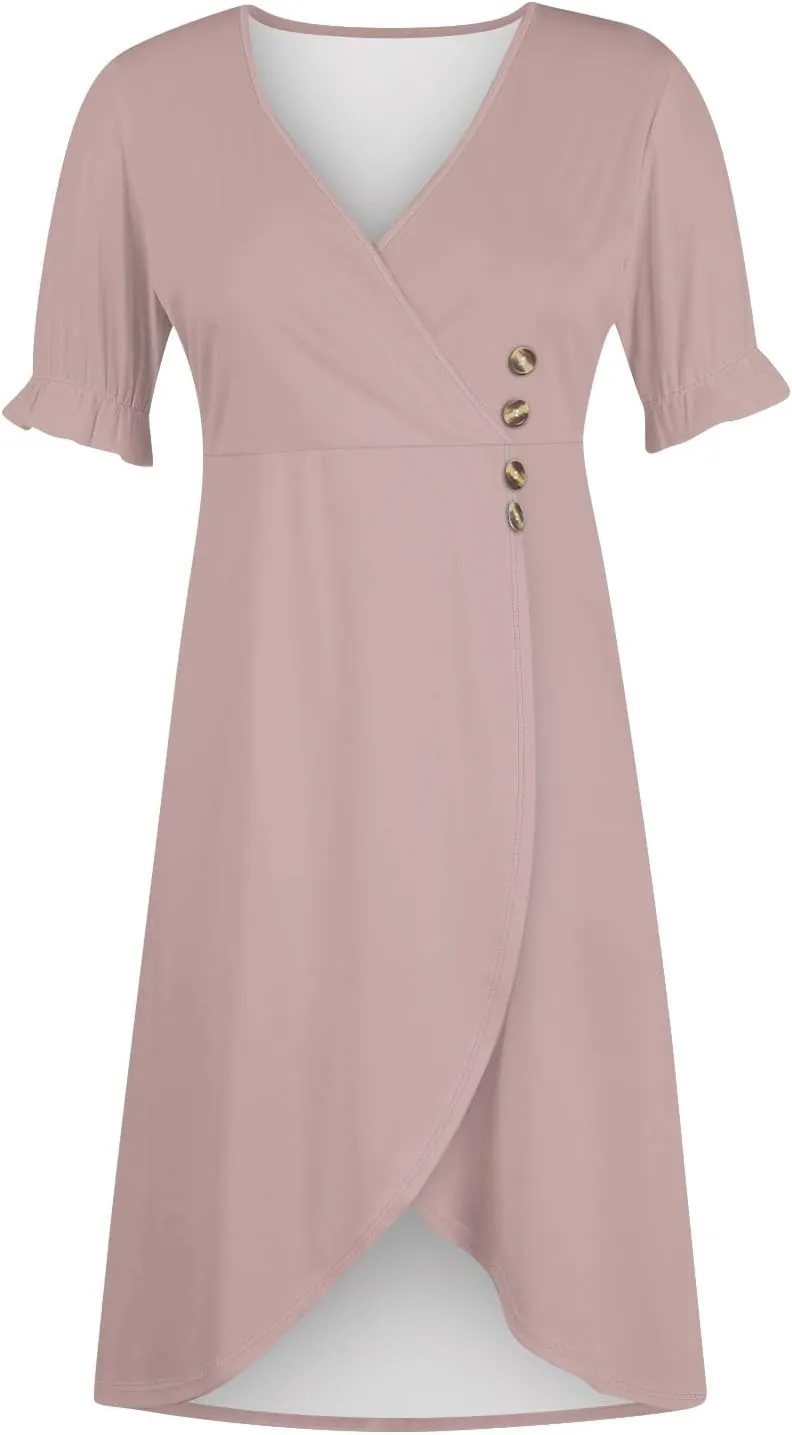 Summer Dresses for Women 2025 Trendy Boho Dress Elegant Beach V Neck Short Sleeve Irregular Hem Midi Sundresses