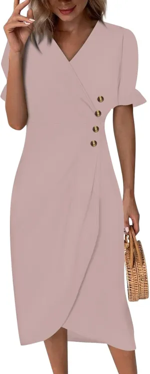 Summer Dresses for Women 2025 Trendy Boho Dress Elegant Beach V Neck Short Sleeve Irregular Hem Midi Sundresses
