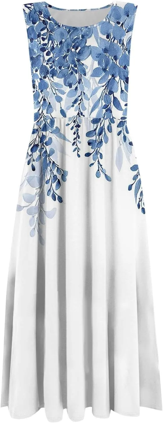 Summer Dresses for Women Beach Tank Dresses Flowy Floral A-Line Sundresses Casual Sleeveless Mid Dress with Pockets