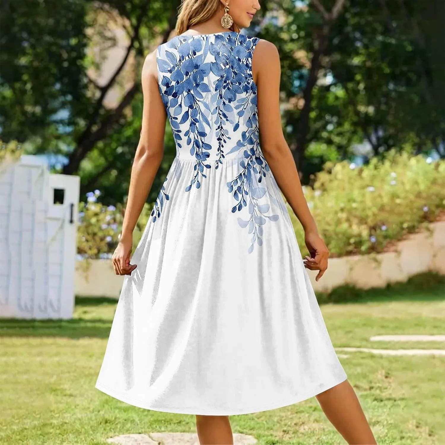 Summer Dresses for Women Beach Tank Dresses Flowy Floral A-Line Sundresses Casual Sleeveless Mid Dress with Pockets