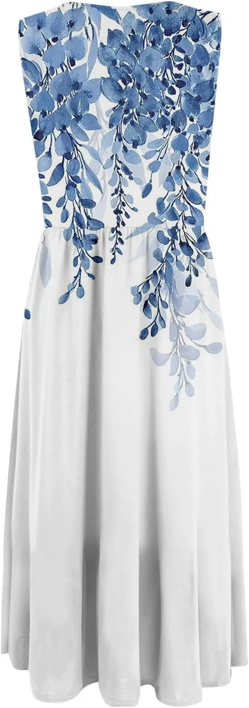 Summer Dresses for Women Beach Tank Dresses Flowy Floral A-Line Sundresses Casual Sleeveless Mid Dress with Pockets