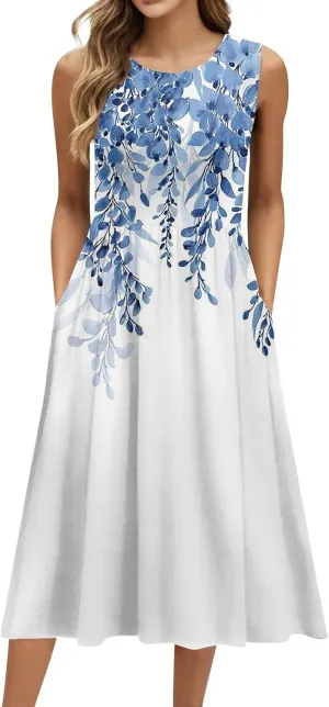 Summer Dresses for Women Beach Tank Dresses Flowy Floral A-Line Sundresses Casual Sleeveless Mid Dress with Pockets