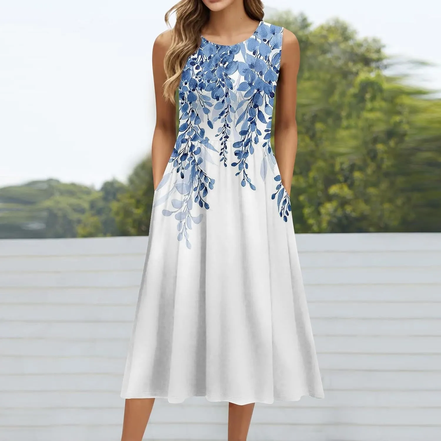 Summer Dresses for Women Beach Tank Dresses Flowy Floral A-Line Sundresses Casual Sleeveless Mid Dress with Pockets