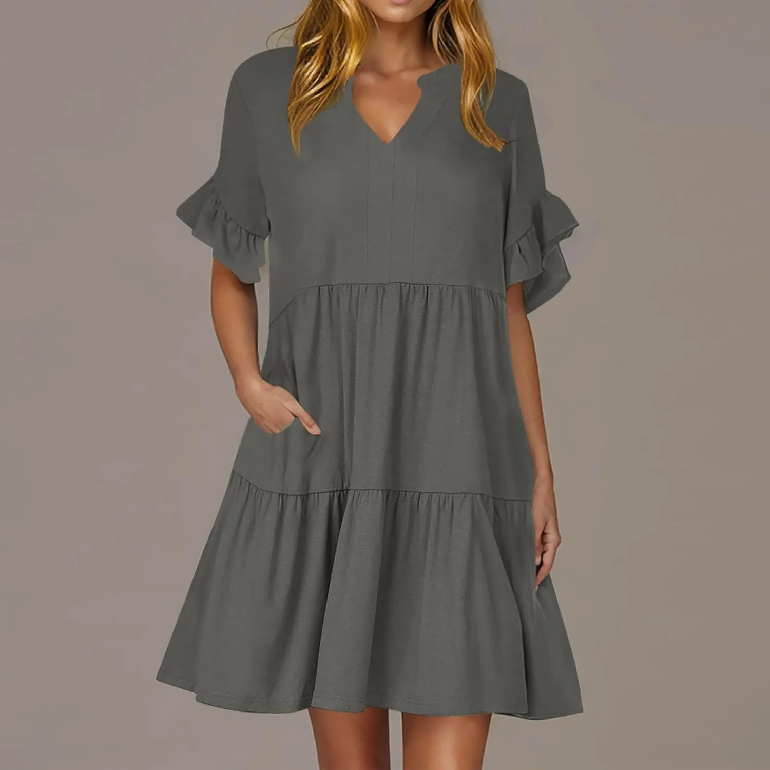 Summer Dresses for Women Casual Ruffle Sleeve Button Down Shirt Dress Tiered Flowy Shift Sundresses with Pockets
