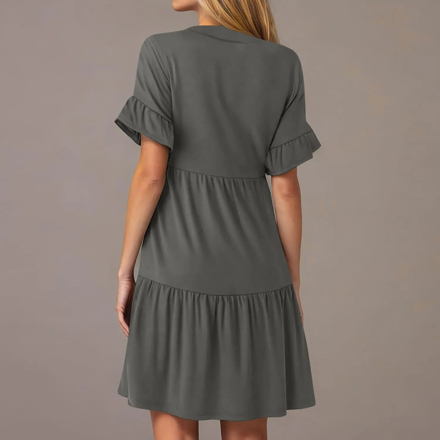 Summer Dresses for Women Casual Ruffle Sleeve Button Down Shirt Dress Tiered Flowy Shift Sundresses with Pockets