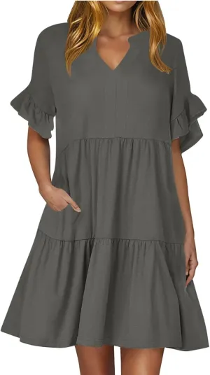Summer Dresses for Women Casual Ruffle Sleeve Button Down Shirt Dress Tiered Flowy Shift Sundresses with Pockets