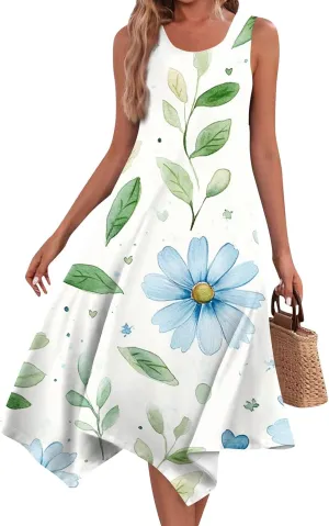 Summer Dresses for Women Summer Floral Hankerchief Hem Midi Tank Dresses Beach Casual Sleeveless Dress Flowy Sundresses