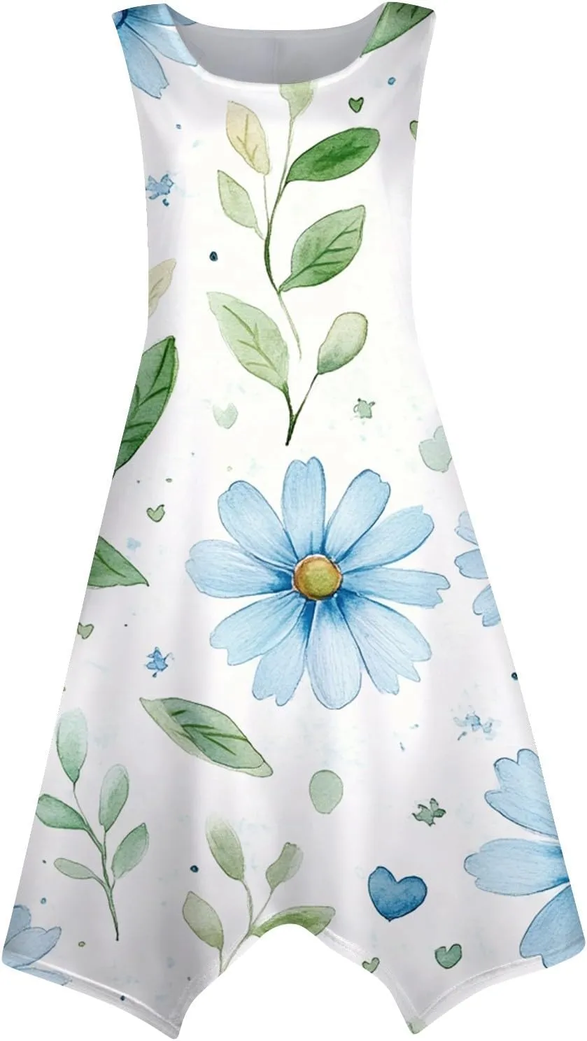 Summer Dresses for Women Summer Floral Hankerchief Hem Midi Tank Dresses Beach Casual Sleeveless Dress Flowy Sundresses