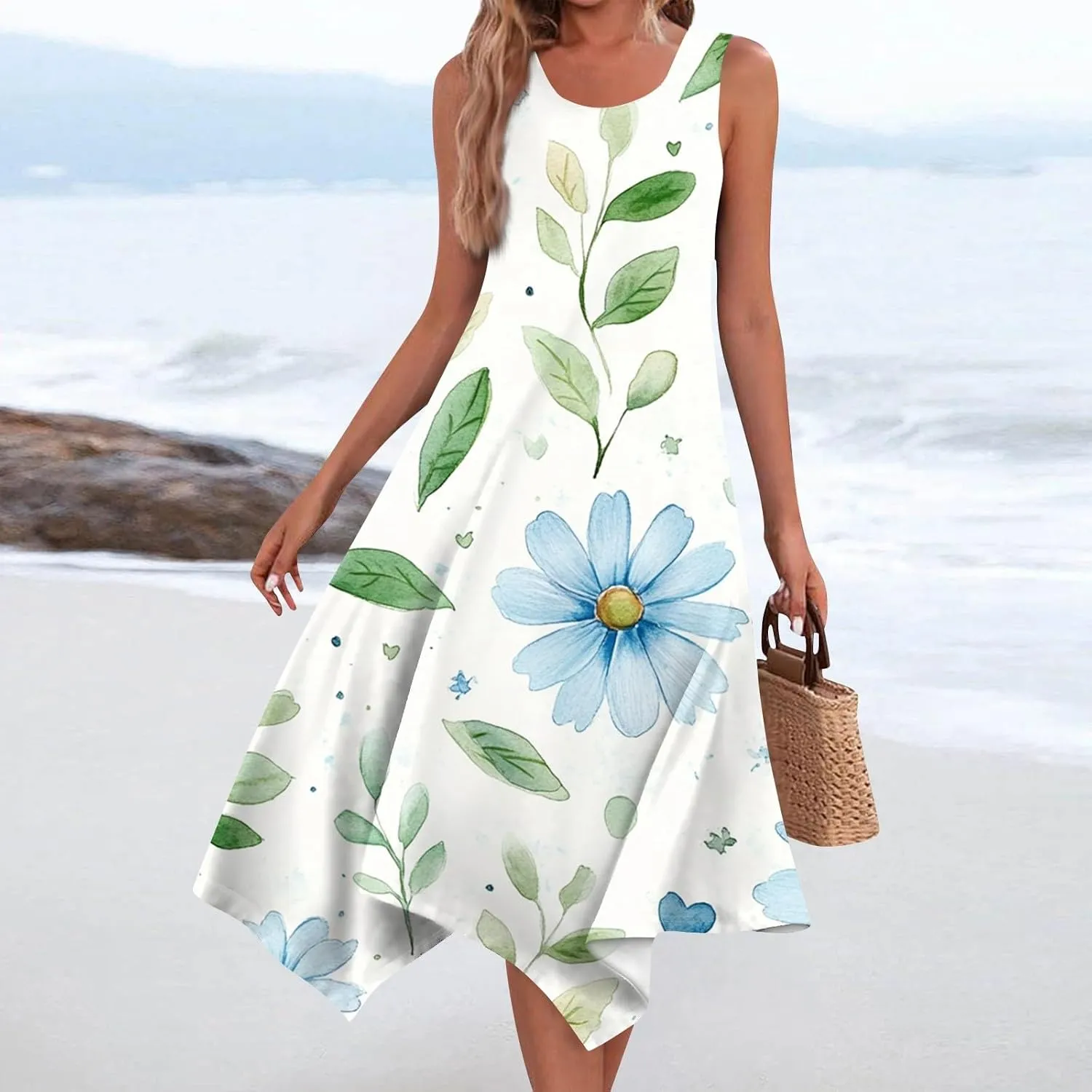 Summer Dresses for Women Summer Floral Hankerchief Hem Midi Tank Dresses Beach Casual Sleeveless Dress Flowy Sundresses