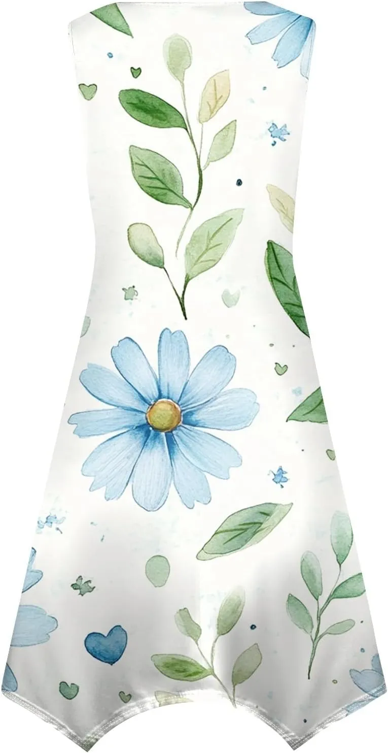 Summer Dresses for Women Summer Floral Hankerchief Hem Midi Tank Dresses Beach Casual Sleeveless Dress Flowy Sundresses