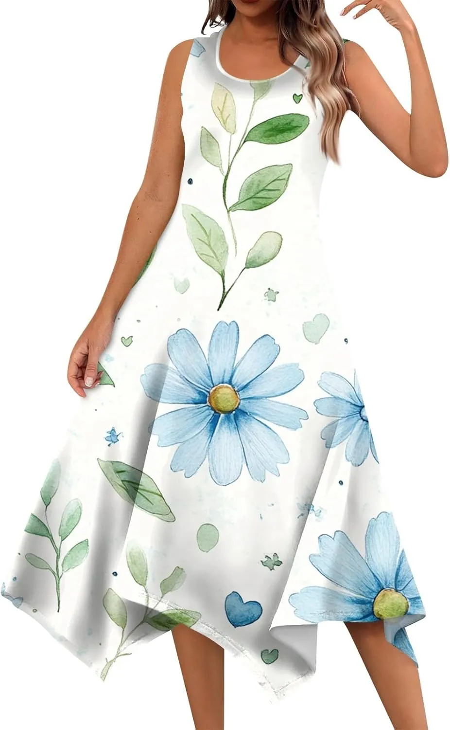 Summer Dresses for Women Summer Floral Hankerchief Hem Midi Tank Dresses Beach Casual Sleeveless Dress Flowy Sundresses