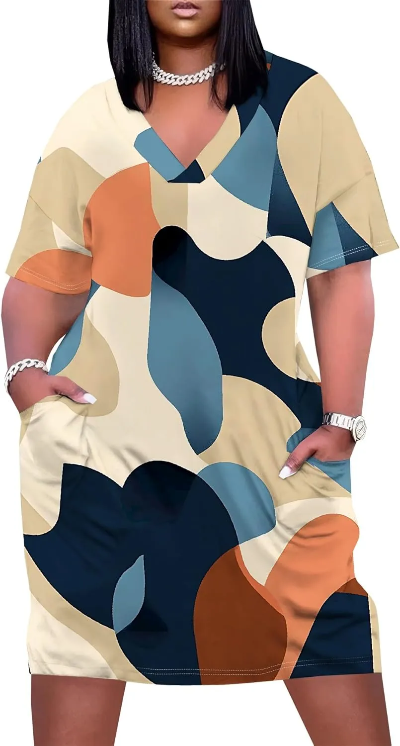 Summer Dresses for Women Tshirt Dress Plus Size Short Sleeve Sundresses A-Line Midi Club Party Dress with Pockets