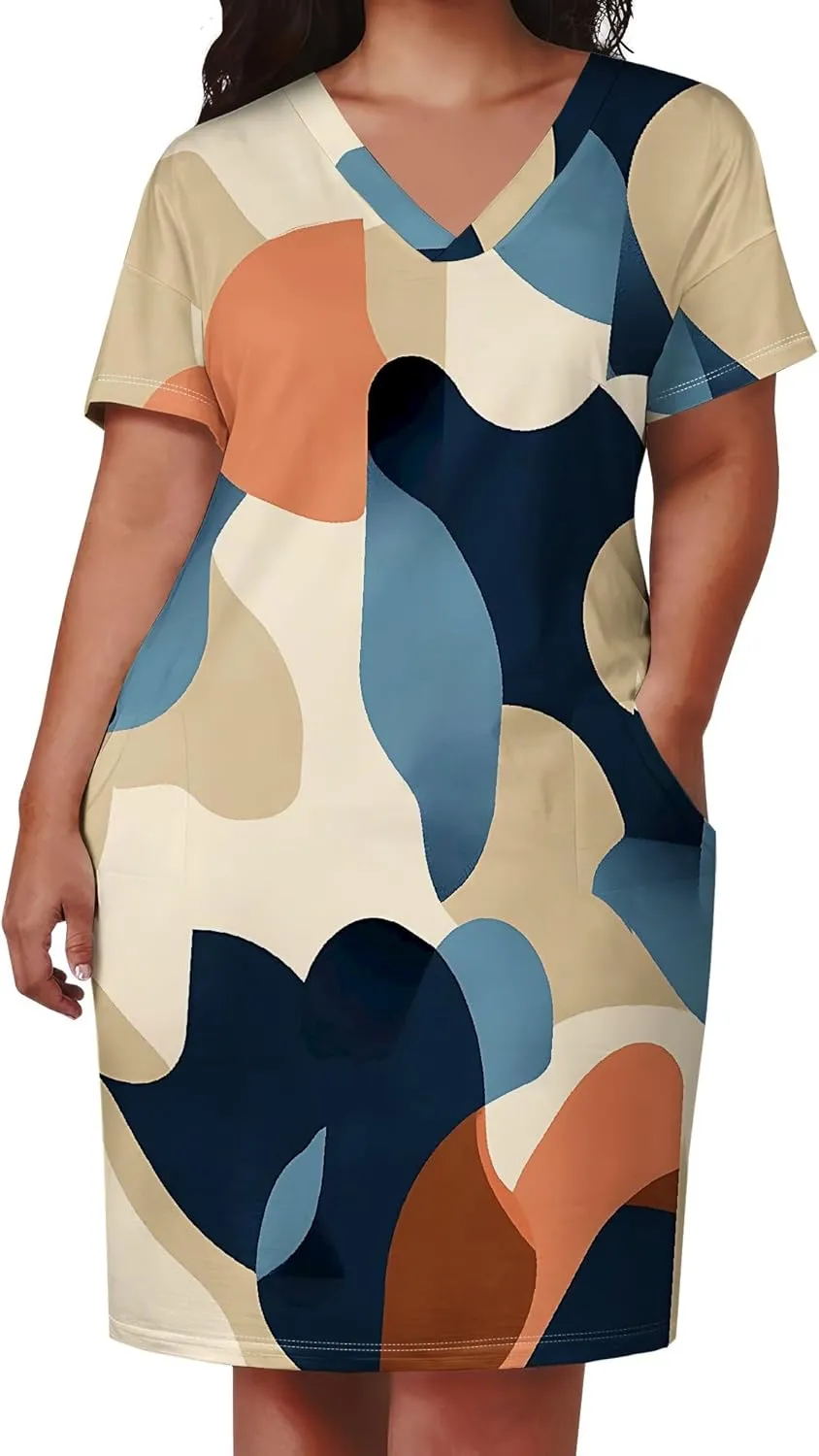 Summer Dresses for Women Tshirt Dress Plus Size Short Sleeve Sundresses A-Line Midi Club Party Dress with Pockets