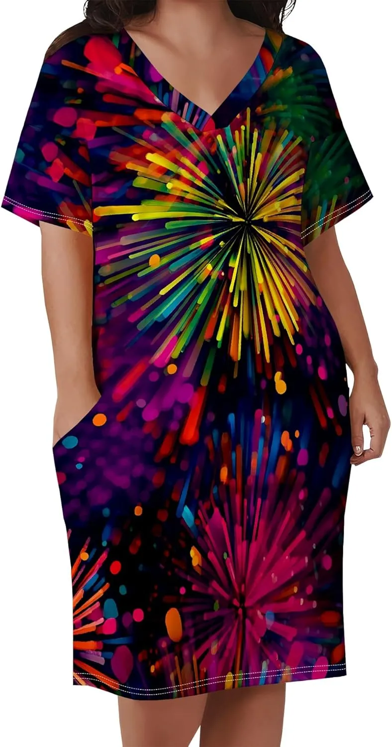 Summer Dresses for Women Tshirt Dress Plus Size Short Sleeve Sundresses A-Line Midi Club Party Dress with Pockets
