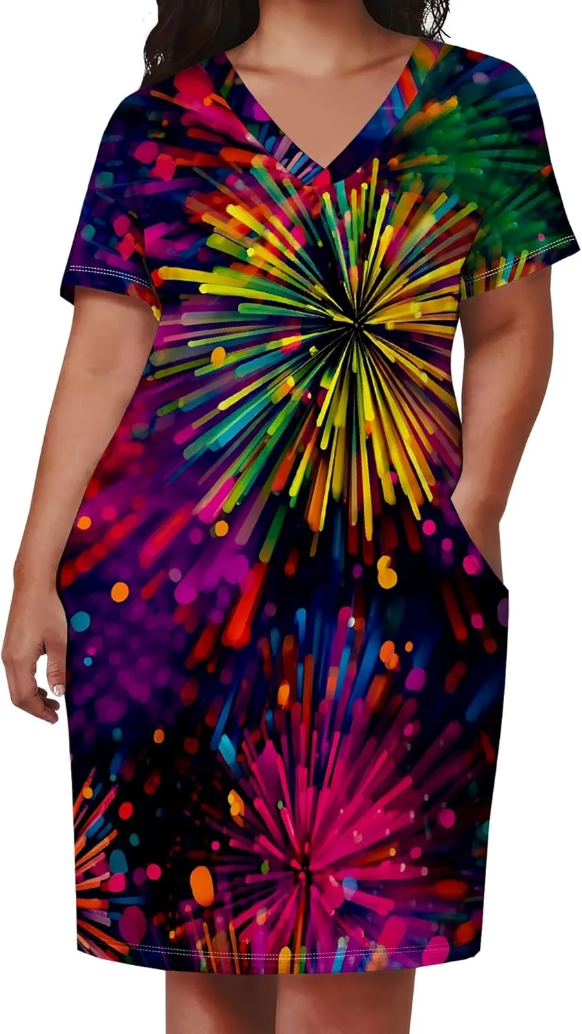 Summer Dresses for Women Tshirt Dress Plus Size Short Sleeve Sundresses A-Line Midi Club Party Dress with Pockets
