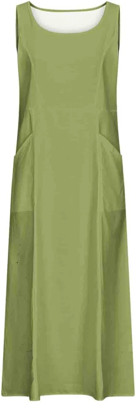 Summer Dresses for Womens Cotton Linen Sleeveless Maxi Dresses Casual Sun Dress Comfy Summer Beach Outfits with Pocket