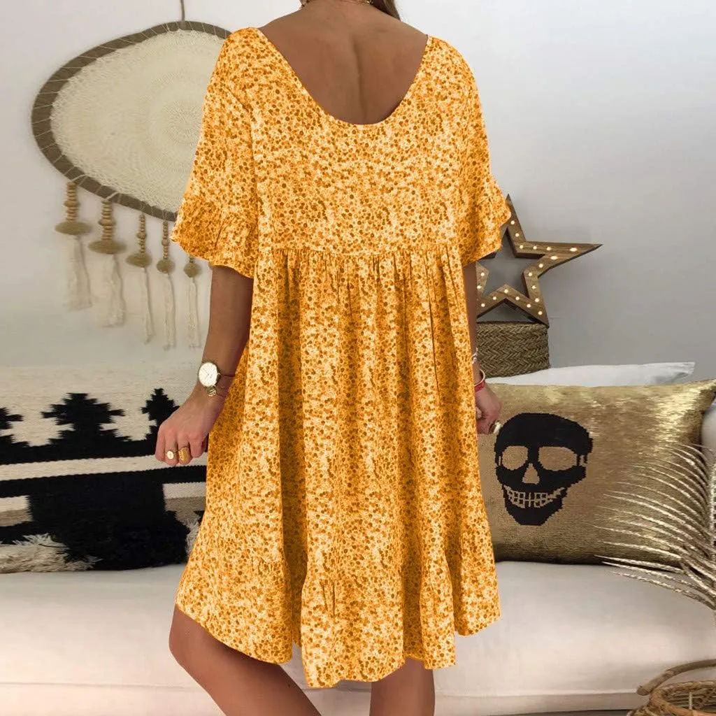 Summer Dresses with Pockets for Women Women's Ladies Sexy Loose Print Hlaf Sleeve Ruffles Mini Dress Summer Dress
