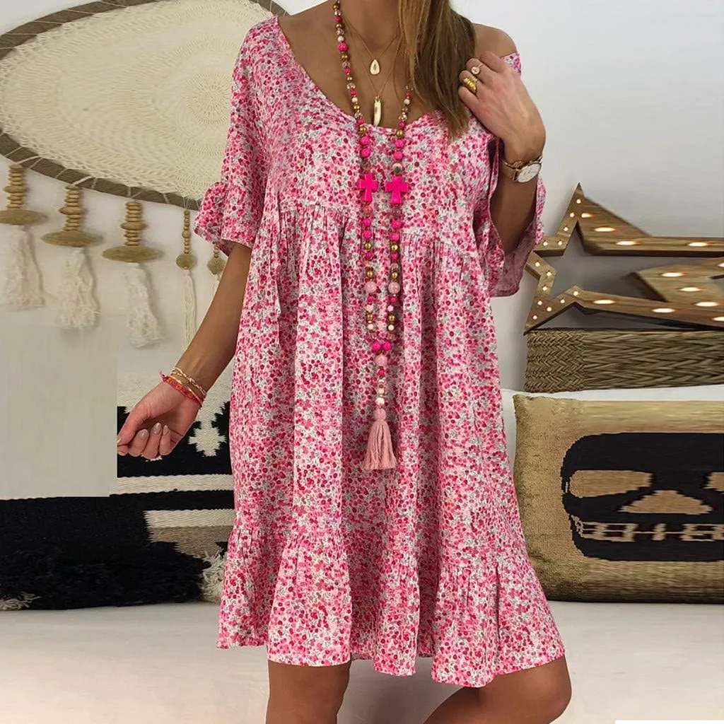Summer Dresses with Pockets for Women Women's Ladies Sexy Loose Print Hlaf Sleeve Ruffles Mini Dress Summer Dress
