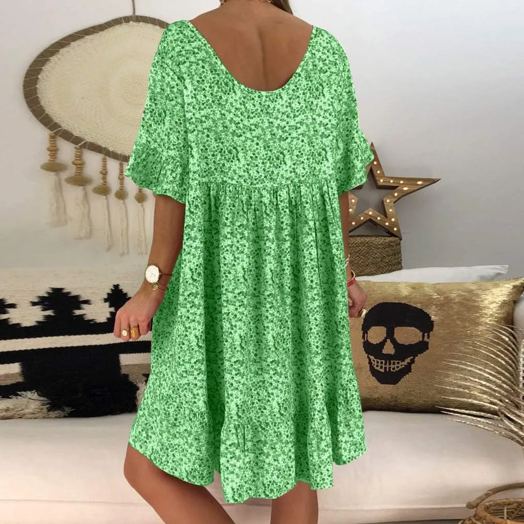 Summer Dresses with Pockets for Women Women's Ladies Sexy Loose Print Hlaf Sleeve Ruffles Mini Dress Summer Dress