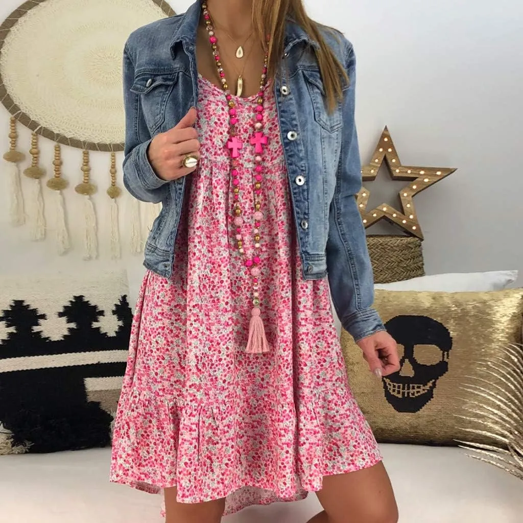 Summer Dresses with Pockets for Women Women's Ladies Sexy Loose Print Hlaf Sleeve Ruffles Mini Dress Summer Dress
