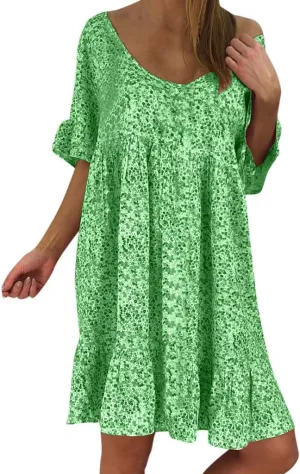 Summer Dresses with Pockets for Women Women's Ladies Sexy Loose Print Hlaf Sleeve Ruffles Mini Dress Summer Dress