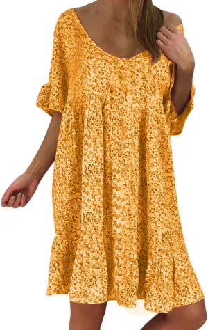 Summer Dresses with Pockets for Women Women's Ladies Sexy Loose Print Hlaf Sleeve Ruffles Mini Dress Summer Dress