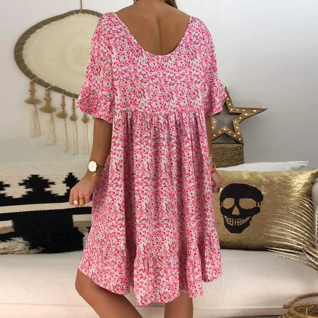 Summer Dresses with Pockets for Women Women's Ladies Sexy Loose Print Hlaf Sleeve Ruffles Mini Dress Summer Dress