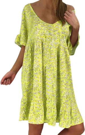 Summer Dresses with Pockets for Women Women's Ladies Sexy Loose Print Hlaf Sleeve Ruffles Mini Dress Summer Dress