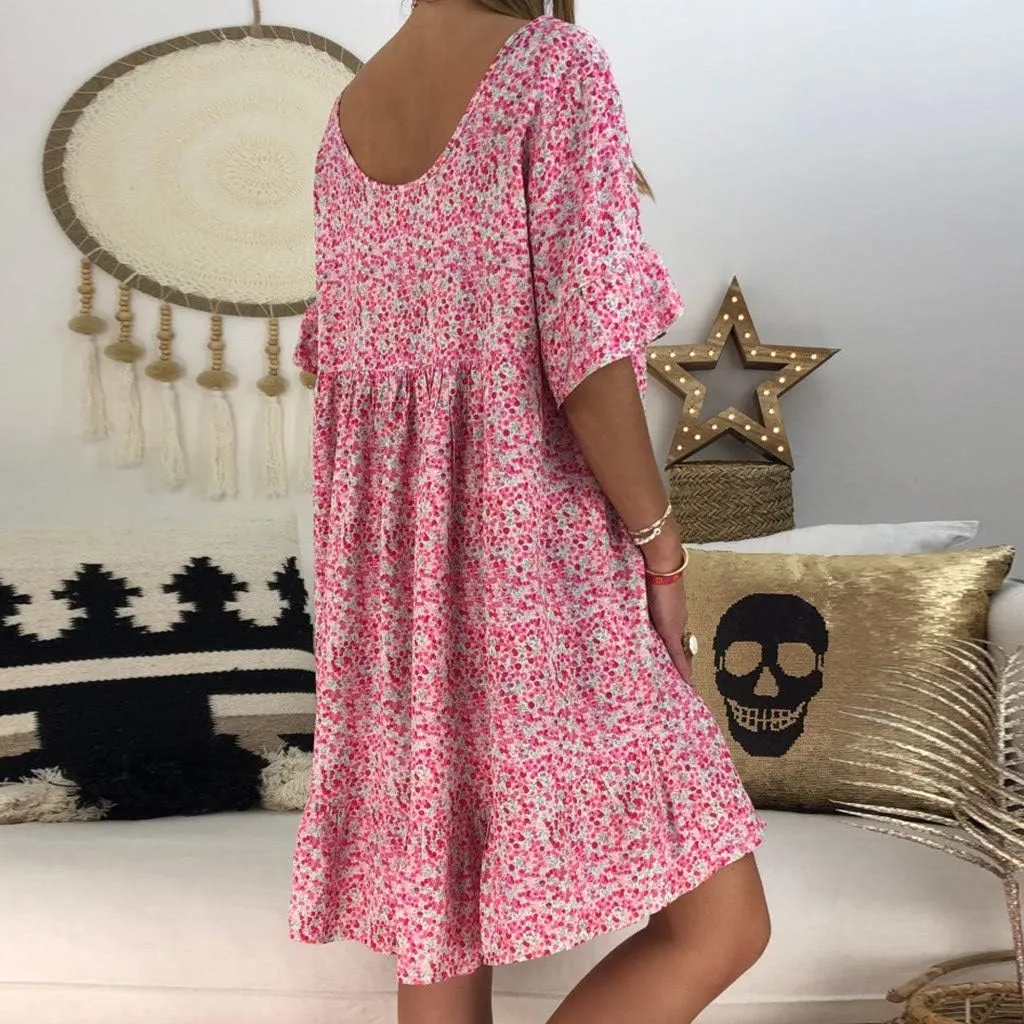 Summer Dresses with Pockets for Women Women's Ladies Sexy Loose Print Hlaf Sleeve Ruffles Mini Dress Summer Dress