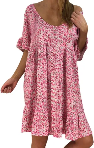 Summer Dresses with Pockets for Women Women's Ladies Sexy Loose Print Hlaf Sleeve Ruffles Mini Dress Summer Dress