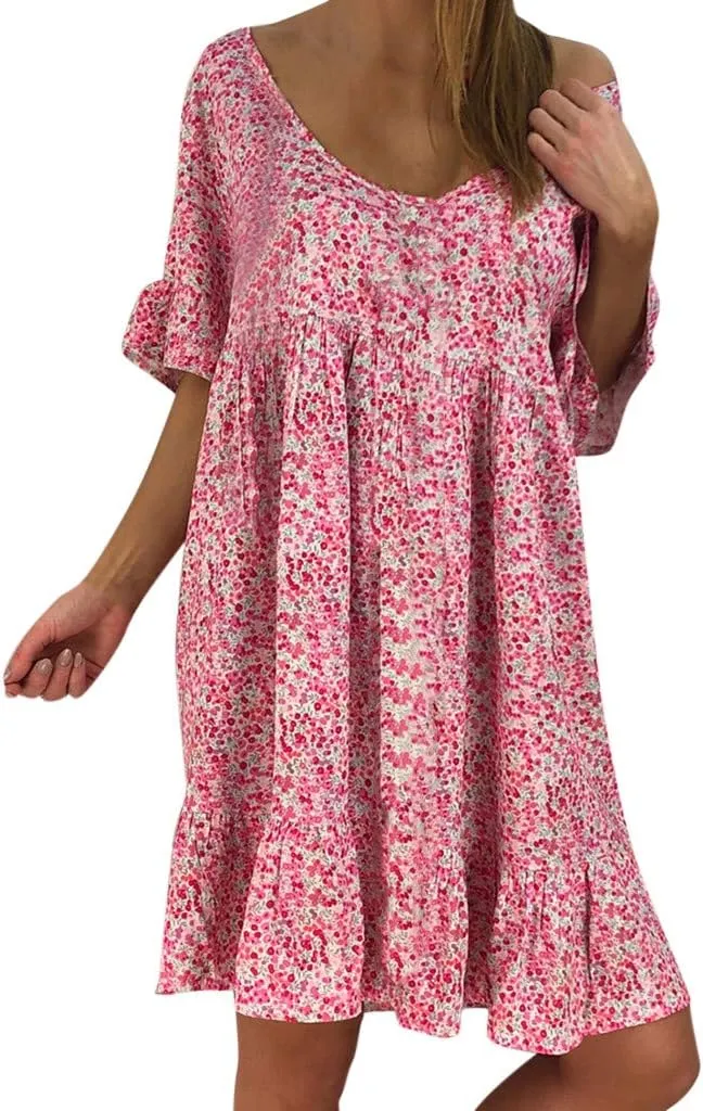 Summer Dresses with Pockets for Women Women's Ladies Sexy Loose Print Hlaf Sleeve Ruffles Mini Dress Summer Dress