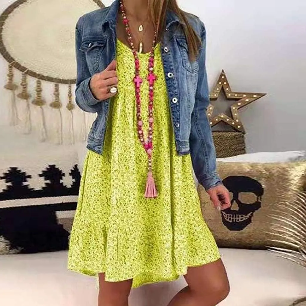 Summer Dresses with Pockets for Women Women's Ladies Sexy Loose Print Hlaf Sleeve Ruffles Mini Dress Summer Dress