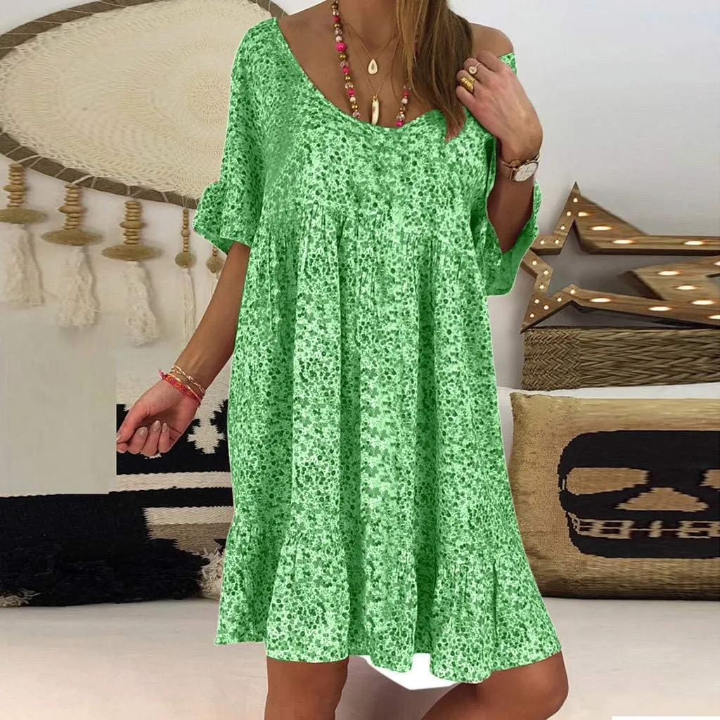 Summer Dresses with Pockets for Women Women's Ladies Sexy Loose Print Hlaf Sleeve Ruffles Mini Dress Summer Dress