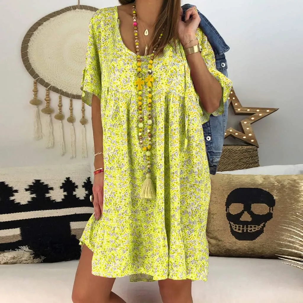 Summer Dresses with Pockets for Women Women's Ladies Sexy Loose Print Hlaf Sleeve Ruffles Mini Dress Summer Dress