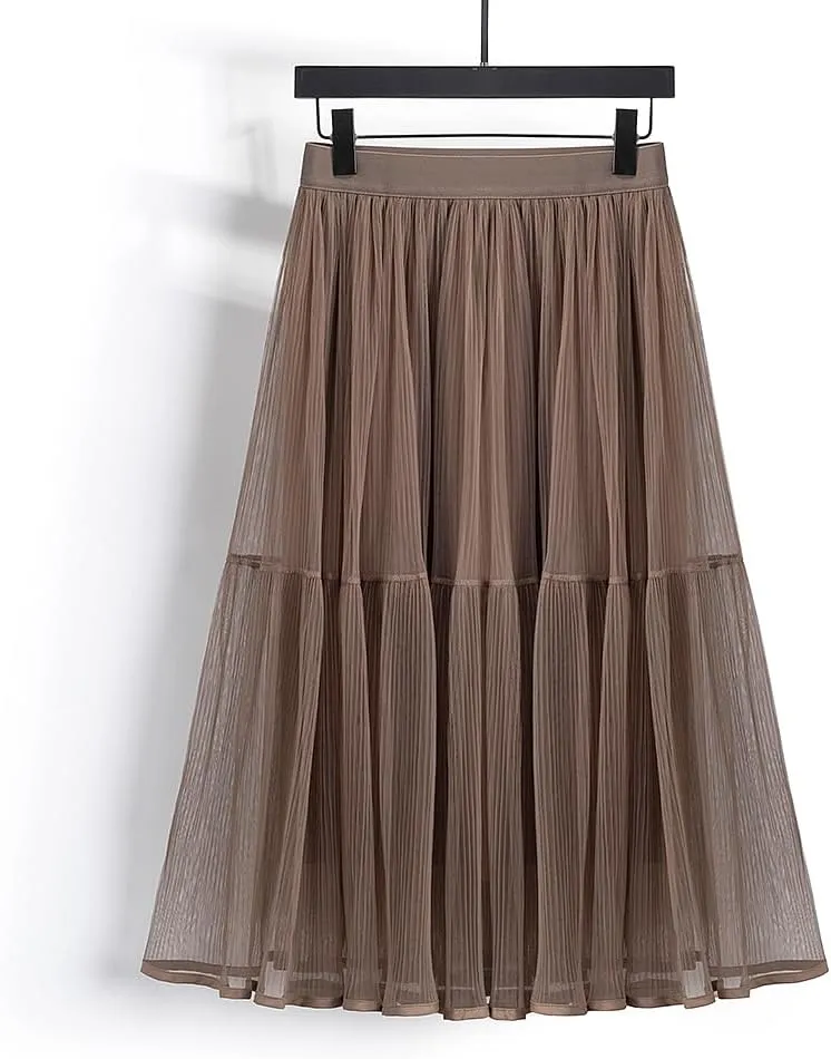 Summer Elegant Pleated Solid Elastic Waist Tulle Patchwork Flare Women Midi Skirt